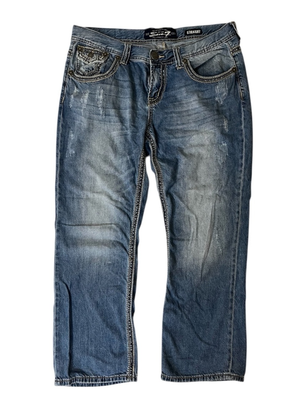 Seven7 Men's Straight Jeans in Medium Blue Wash Y2K Embellished Pockets 36x30